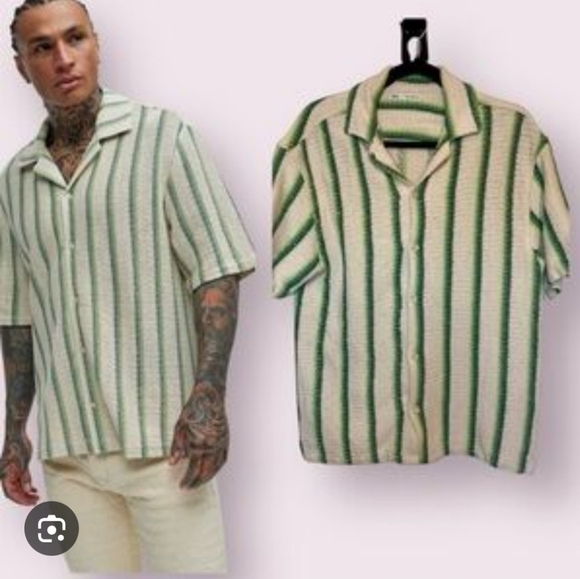 Zara Other - Zara Men's Short Sleeve Shirt Size Small Button Striped Cotton,beige And Green.
